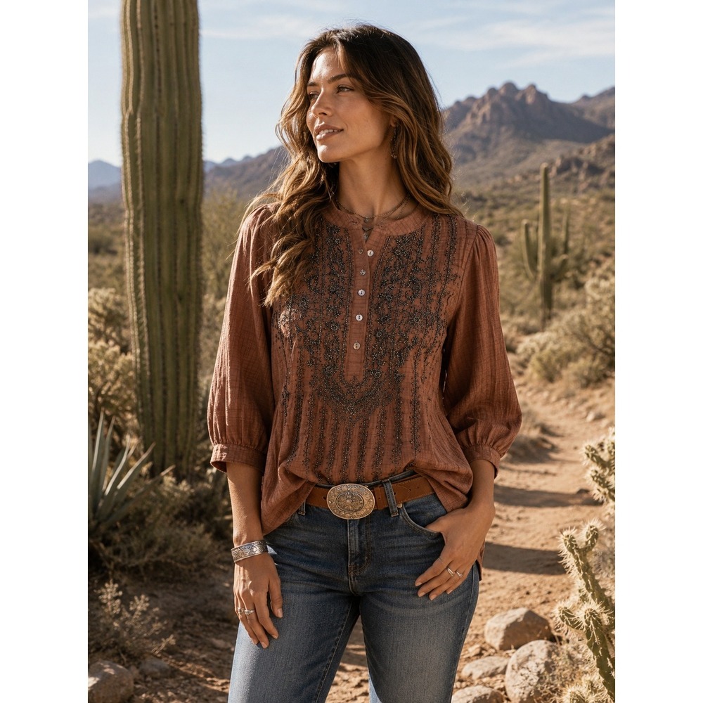 Pure Jill Elements Brown Cotton Gauze Beaded Embroidered Top Small NWOT